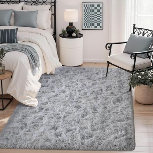 Grey Rugs for Bedroom Fluffy 4x6 ft Living Room Rug Non-Slip Area Rugs Shag Carpet for Nursery Kids Play Room Dorm Office Indoor Modern Plush Carpets Boys Light Gray