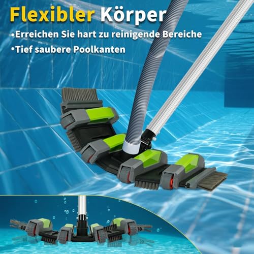 Poolbürste mit Sauganschluss, 45cm Robuster Pool Bodensaugerbürste mit Rädern, Poolsauger Bürste Flexible mit Seitenbürste und Bodenbürstenkopf, Pool Bürste Sauger Passend für 3,2cm&3,8cm Schläuche