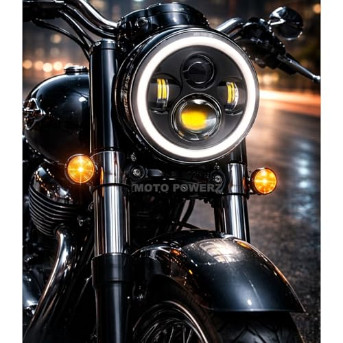 Image of 7 Inch LED Headlight with Full Ring DRL, White & Yellow Hi /Low Beam, Imported Power Headlamp Compatible with Royal Enfield Bullet & Thar, Waterproof and Durable (Pack of 1)
