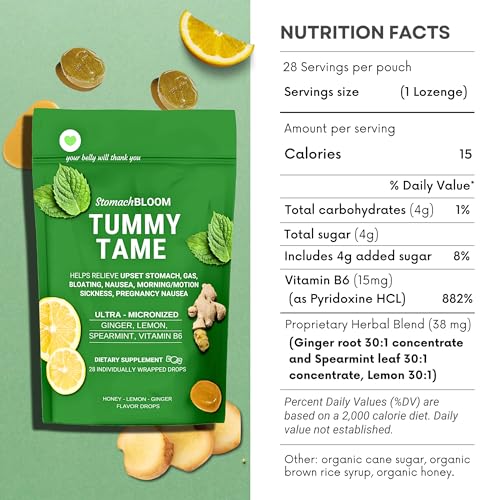 Image of Tummy Tame Drops - 3X Better Absorption | Herbal Relief for Occasional Indigestion, Bloating, Gas, Nausea, Upset Stomach | Ginger, Lemon, Spearmint & B6. Individual Drops, (Pack of 2)