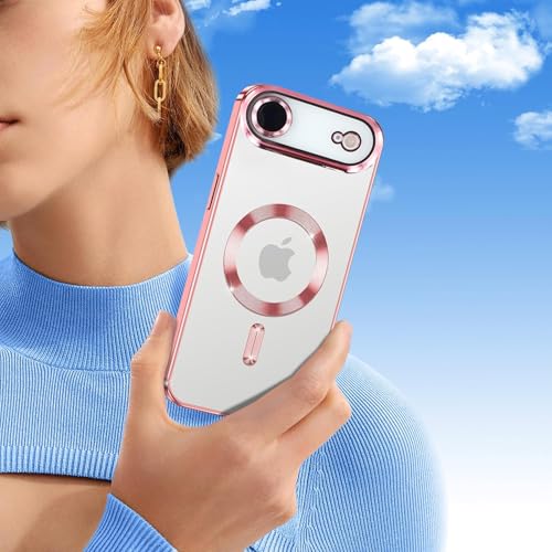 Image of Elzzi Electroplating Transparent Clear Logo Back Cover Case TPU Compatible with iPhone 17 Air, Compatible with Magsafe, Full Body & Individual Camera Protection for Each Lens, Men & Women(Rose Gold)