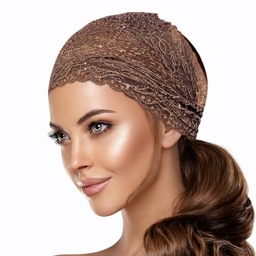 ShariRose Taupe Gold Vintage Sparkly Stretch Floral Lace Hair Band for Women's Wedding (Handmade)