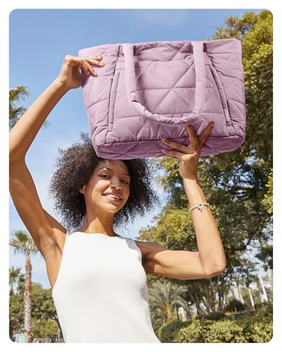 Image of BAGSMART Tote Bag for Women, Puffer Tote Bag with Zipper, Large Quilted Shoulder Bag with Compartments for Travel, Work, Gym, E-purple, Large, Lightweight