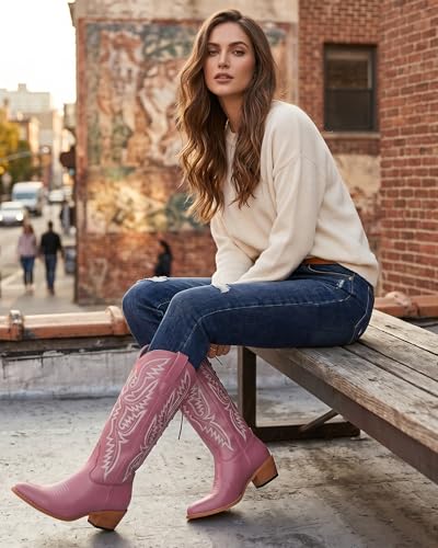 Image of Uillnoodu Wide Calf Cowboy Boots Women Adjustable Lace Up Knee High Tall Plus Size Cowgirl Boots Western Style Comfortable 2-Inch Heel