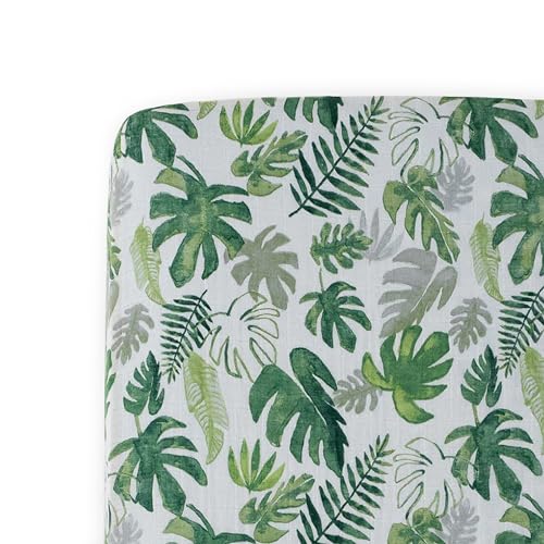 Little Unicorn Tropical Leaf Fitted Crib Sheet | 100% Cotton Muslin | Super Soft | Sized for Standard Baby Crib & Toddler Mattress | Machine Washable | 52” x 28” x 9”