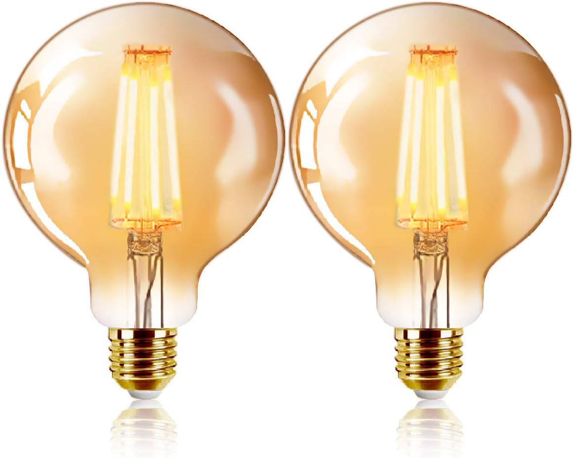 2 Pack 6.5W G125 LED Globe Bulbs LED Bulbs 60 Watt Equivalent, Antique Vintage Light Bulbs Amber, E27 LED Edison Light Bulb, 2200K 650LM Warm White, Non-Dimmable 1 Year Warranty