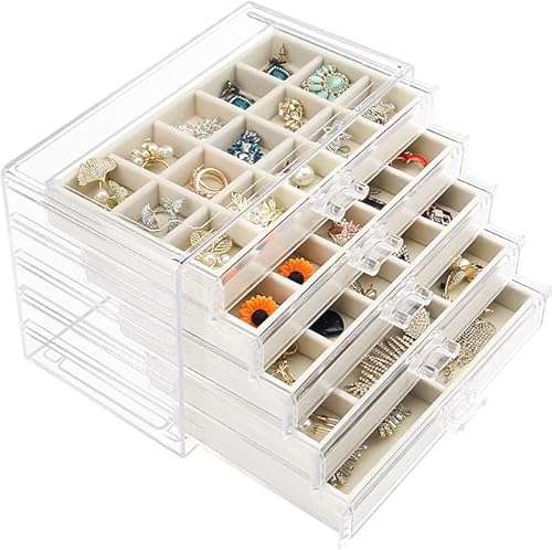 ACEmedia Acrylic Jewelry Box with 5 Drawers, Clear Earring Storage Organizer Display Case for Women Girls, Beige