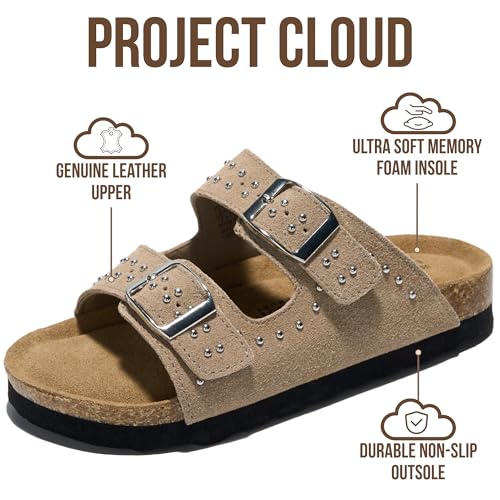 Image of Project Cloud Kids Sandals 100% Genuine Leather - Natural Cork Footbed Non-Slip Slides for Kids - Lightweight Boys & Girls Sandals - Water-Resistant Girls & Boys Sandals