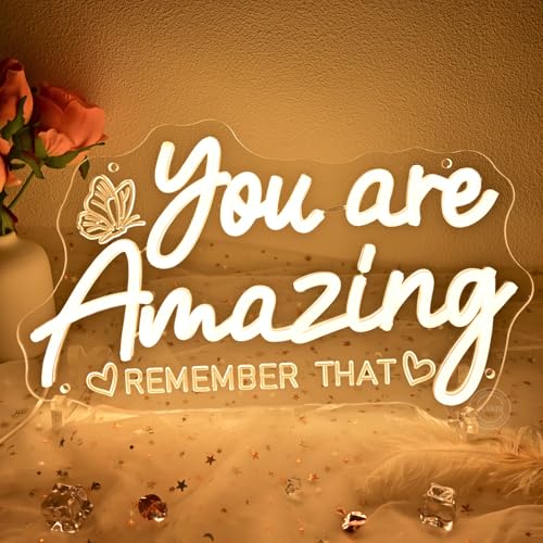 Image of Planzo You Are Amazing LED Neon Sign Light Bedroom Girls Room Wall Decor | Classroom Office Nursery Bar Pub Club Dresser Wall Decor Neon Light, Wedding Birthday Party Gift, USB 13.78 inchx8.27 inch Warm White