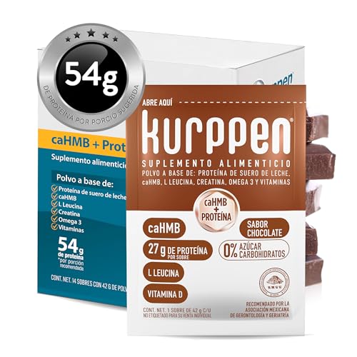 Suplemento Alimenticio Sin Azúcar a Base de Proteína de Suero de Leche, HMB, Omega 3 - Sabor Chocolate | 1 caja con 14 sobres - Se recomienda ingerir 2 por...