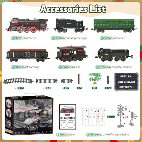 Set Treno Elettrico Telecomandato Natalizio Con 3 Uscite Di Fumo, Luci E Suoni, Locomotiva E Vagoni Su Binari, Telecomando, Decorazione Sotto L’Albero Di Natale, Regalo Per Bambini Dai 3 Anni In Su - 2