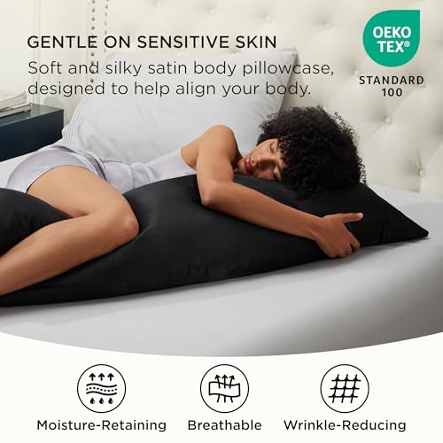 Image of Bedsure Body Pillow Pillowcase - Cooling and Silky Long Body Pillow Covers with Envelope Closure, Satin Similar to Silk Pillowcase for Hair and Skin,Black,20x54 Inches