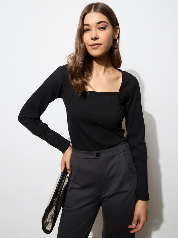 Image of barcino Black Rib Stitch Square Neck Full Sleeves Top