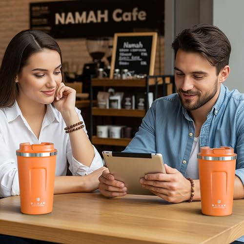 Image of Namah Insulated Coffee Travel Mug 380 ml with Lid, Leak Proof Stainless Steel Thermosteel Vacuum Insulated Mug, Hot & Cold Reusable Coffee Mug for Office, Car Cup Holder Friendly