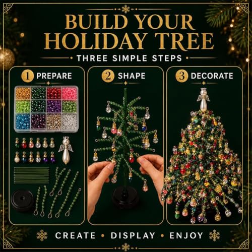 Beaded Christmas Tree Kit, DIY Christmas Tree Craft Kit with Lights, Handmade Beaded Christmas Tree Decoration, Tabletop Holiday Ornament Making Kit for Adults, Family Halloween & Christmas Crafts - image 3