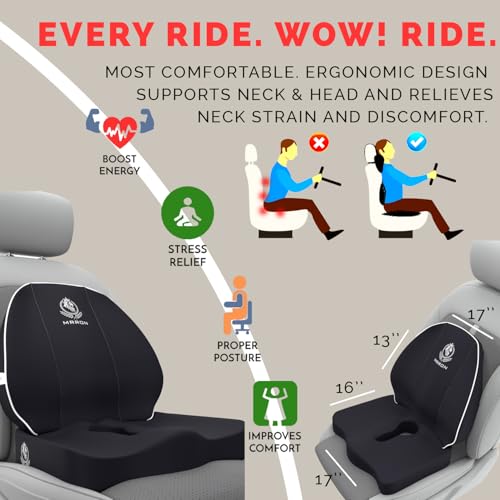 Image of MRRON Car Seat Lumber and Coccyx Pillow Kit Memory Foam Back Support and Siting Cushion Ergonomic Adjust Sitting Position Relief Pain for Car or Office Chair (Black, Spine Support)