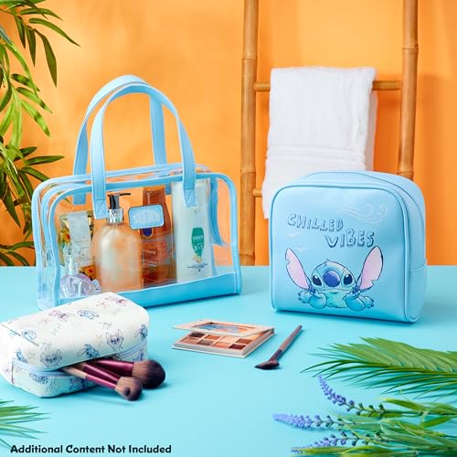 Disney Stitch Toiletry Bag Set for Women Girls Zipped Cosmetics Makeup Bag Option with Refillable Travel Bottles for Toiletries Vacation Essentials (Blue Stitch 3 Pcs)2