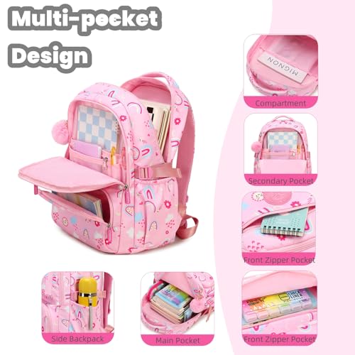 Kids Backpack for Girls,Rainbow Print Bookbag Elementary School Bag,Cute Daypack With Plush Pendant Lightweight Purple Girls Backpack3