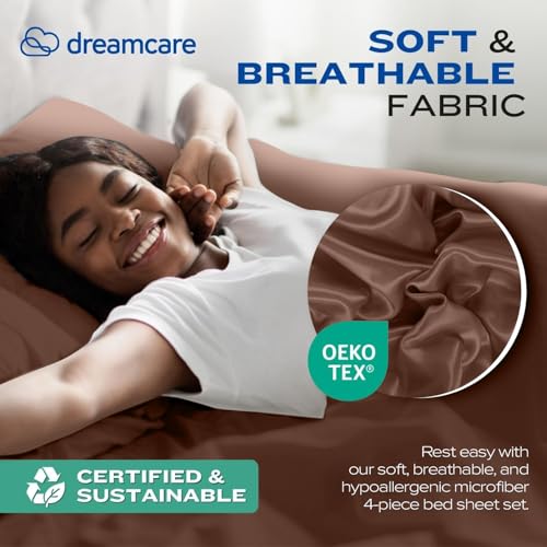 Image of DREAMCARE Full Size Sheets - Cooling Sheets - 4pcs Set - up to 15 inch Deep Pocket Full Sheet Set - Sheets Full Size Bed - Soft & Long Lasting 100% Fine Brushed Polyester with Side Pocket - Mocha Brown