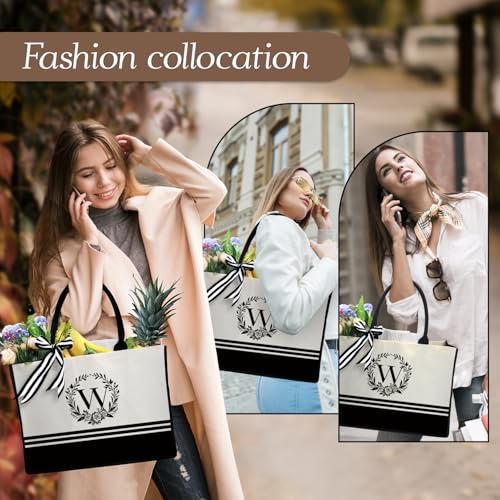Image of Personalized Initial Canvas Tote Bags, Monogrammed Tote Bag Gifts for Women Teacher Friend for Birthday Wedding