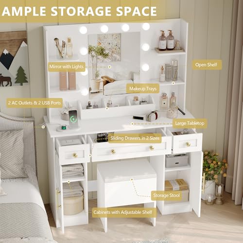 Vanitymakeupdeskwithmirrorandlightsfarmhousevanitytablesetwithstoragedrawerschargingstationchair43largerusticdressingtable3lightingmodesforwomengirlsbedroomwhite Urban Country Home Decor Vanity makeup desk with mirror and lights farmhouse vanity table set with storage drawers charging station chair 43 large rustic dressing table 3 lighting modes for women girls bedroom white urban country home decor