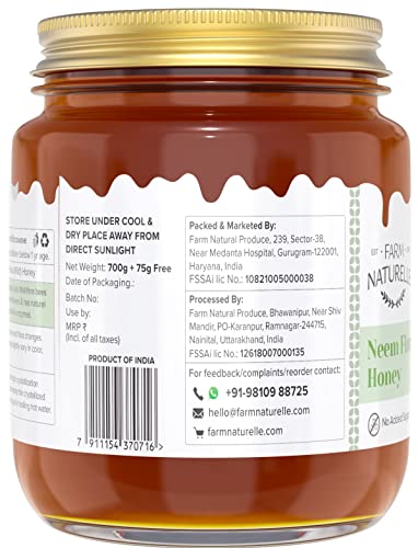 Image of Farm Naturelle Neem Forest Flower Wild Honey 700g + 75gm |100% Pure Honey | Raw & Unfiltered|Unprocessed|Lab Tested Honey In Glass Jar with Engraved Virgin Wooden Spoon