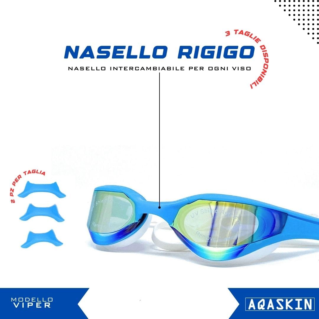 Occhialini Nuoto Professionale Modello VIPER - Anti-Appannamento e Anti-Perdita - SCONTI QUANTITÀ - Piscina e Mare per Adulti e Bambini, 6 ponti nasali, cinturino doppio.
