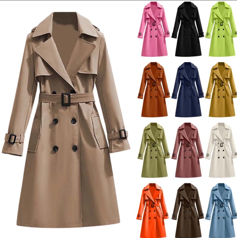 Generisch Gabardina clásica para mujer, con botones cruzados, multicolor, cinturón de cintura con cordón, longitud media, estilo británico, elegante chaqueta de abrigo, Negro , XL