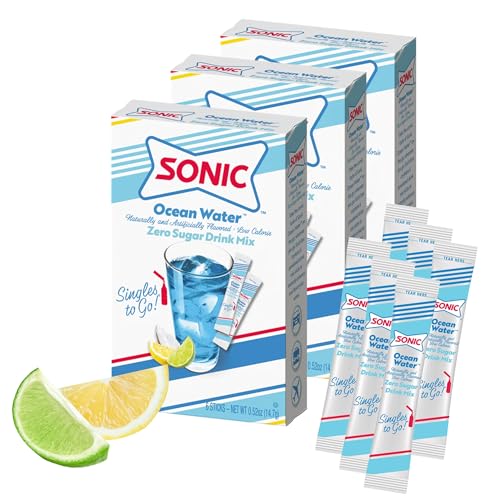 Sonic Singles to Go Powdered Drink Mix, Ocean Water, 6 Sticks per Box, 3 Boxes included (18 Sticks...