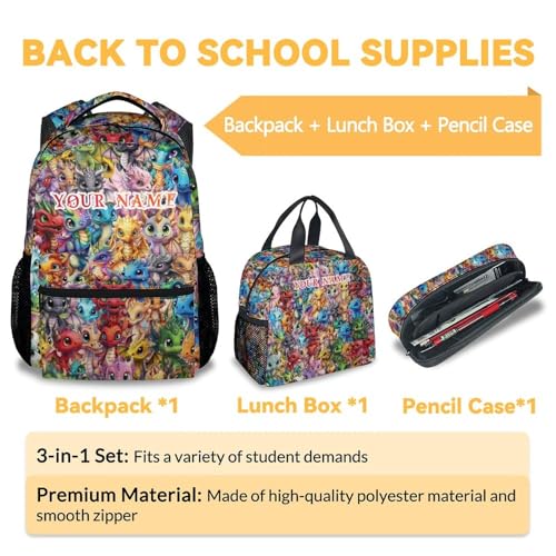 Custom Dragon Kids Backpack with Lunch Box, Set of 3 School Backpacks Matching Combo, Cute Colorful Bookbag and Pencil Case Bundle3