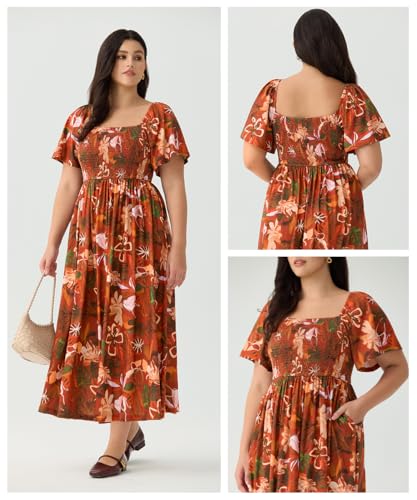 Image of RITERA Plus Size Dresses for Curvy Women Square Neck Short Sleeve Summer Floral Smocked Maxi Dress with Pocket XL-5XL