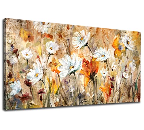 Image of Large Flowers Wall Art White Daisy Canvas Pictures Abstract Orange Yellow Red Floral Wall Decor Elegant Artwork Painting Prints for Living Room Bedroom Kitchen Home Office Decoration Framed 29 inchx 58 inch