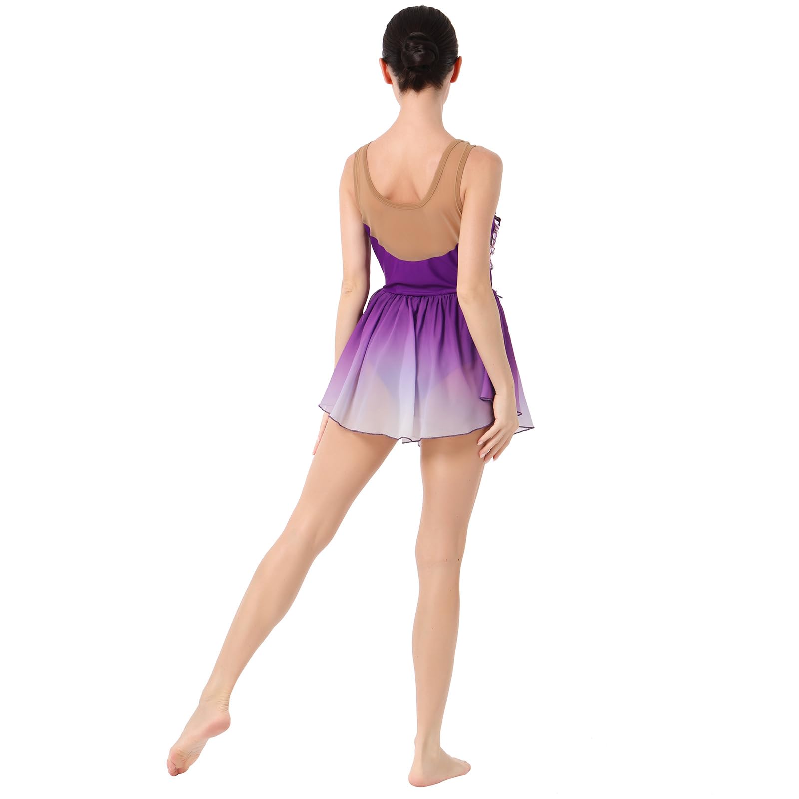 Figure Skating Dress for Women Ice Skating Costume Shiny Sequins Flower Dance Leotard Gradient Mesh See Through Chiffon Flowy Skirt Ballerina Gymnastics Competition Dancewear Purple M