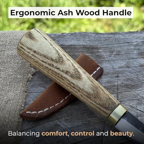 Image of Sharky Whittling Knife - Hand-Forged Sloyd Wood Carving Tool - 2.95 in (7.5 cm) Blade with Leather Sheath - Professional Whittle Knife for Fine Detail & Rough Cuts