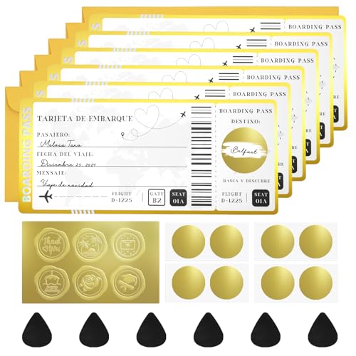 6 Tarjetas de raspado de boletos de viaje con sobres, tarjeta de embarque de raspado personalizada, empaque de regalo de viaje único, boleto sorpresa de raspado y revelación para cumpleaños, novias