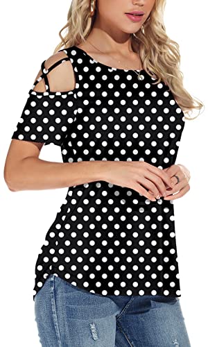 Niloufo Womens Casual Summer Shirts Short Sleeve Cold Shoulder Tunics Tops (01-Polka Dot Black, Large) #TOP2