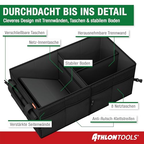 ATHLON TOOLS Kofferraum Organizer XXL – faltbarer Auto Organizer - Kofferraumtasche rutschfest, verstärkt, Kofferrraumtasche stabil mit Deckel – Auto Box zum aufbewahren & verstauen