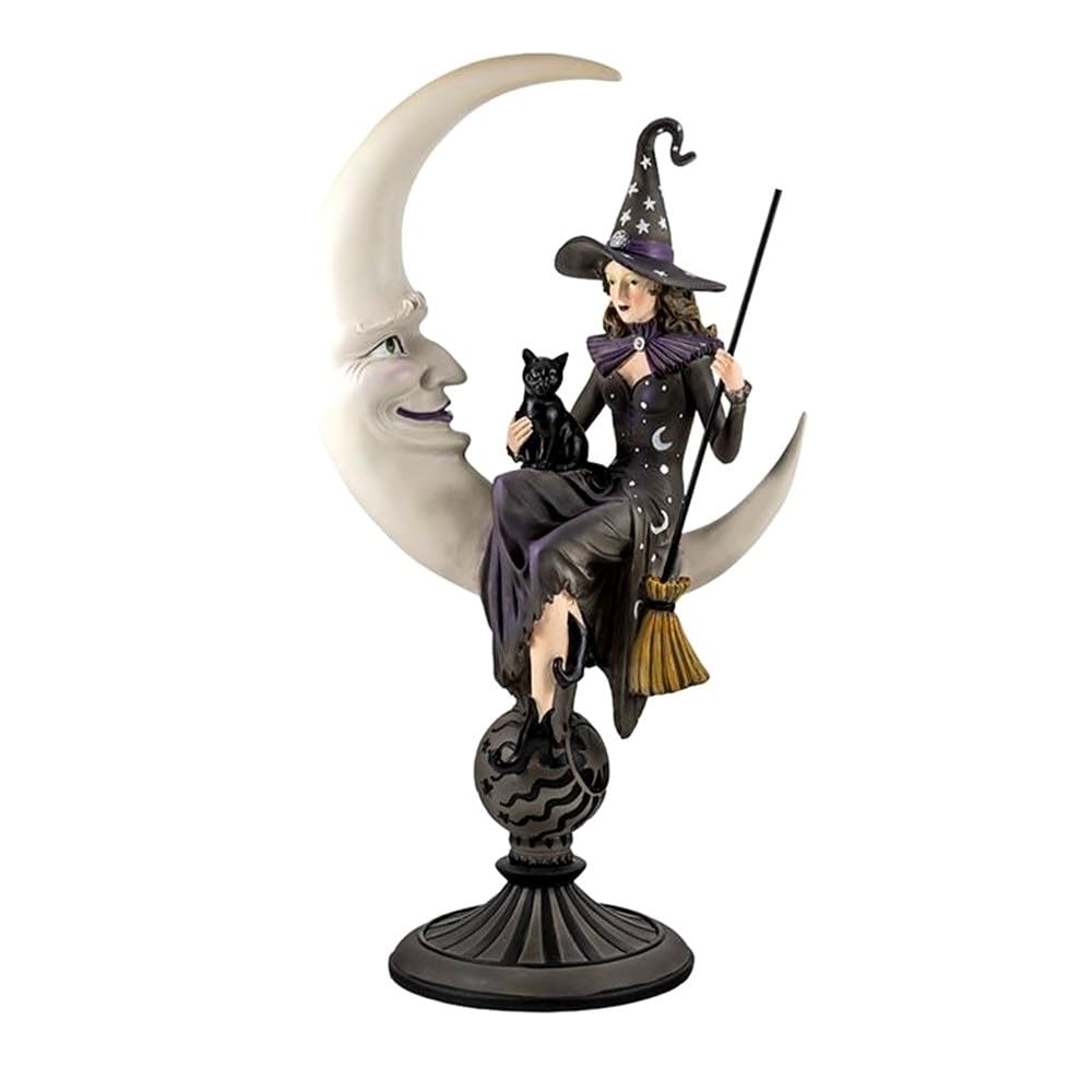 Bruja figura 51 cm. imagen luna gato escoba resina color