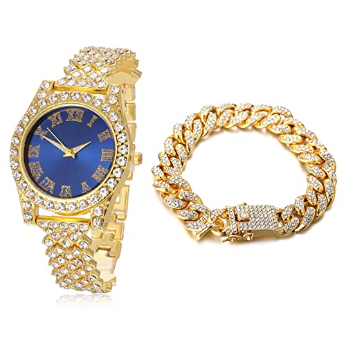 Image of Halukakah Diamonds Gold Watch Iced Out, Kid's 18K Real Gold /Platinum White Gold Plated 36MM Width Green /Blue /Red Dial Quartz Wristband 8 inch with Cuban Link Chain 7 inch+16 inch Bracelet, Free Giftbox