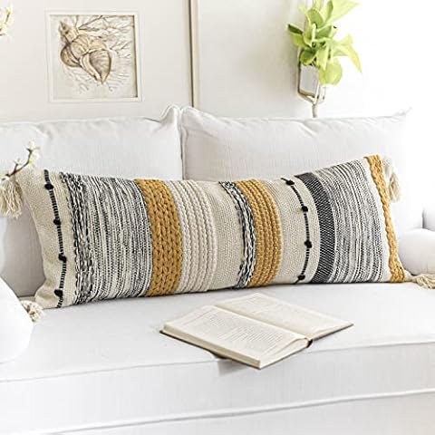 BLISSBLUSH Mustard Beige Lumbar Pillow Case 14X36, Decorative Boho Lumbar Pillow Cover, Pillow for Bed, Long Pillow Cover (14X36 inch, Cover ONLY) Cover