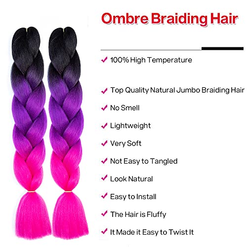 Black Purple Rose Red Ombre Braiding Hair Extensions 6 Packs High Temperature Synthetic Fiber Coloured Hair for Braiding Extensions Box Braids Crochet Twist Box Braids - Image 3