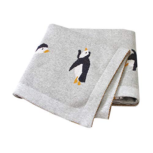 Image of mimixiong 100% Cotton Knitted Baby Blanket Toddler Swaddling Blanket for Newborn Baby with Cute Penguin Pattern Grey Size 30 x 40 inches