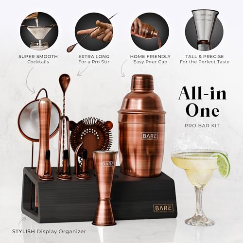 Bare Mixology Barkeeper-Set, Bar-Set, 14-teiliges Martini-Cocktail-Shaker-Set, professionelle Barzubehör-Mischwerkzeuge für die Hausbar, Bambusständer und Rezeptkarten-Set (Kupfer)