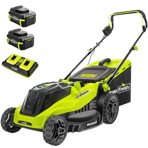SnapFresh Cortacésped a batería inalámbrico (40V, 38cm Ancho de Corte, hasta 500 m², Brushless, 42L Bolsa recolectora, 40-75 mm Altura de Corte, con 2 x 20V x 4,0 Ah batería y Cargador)