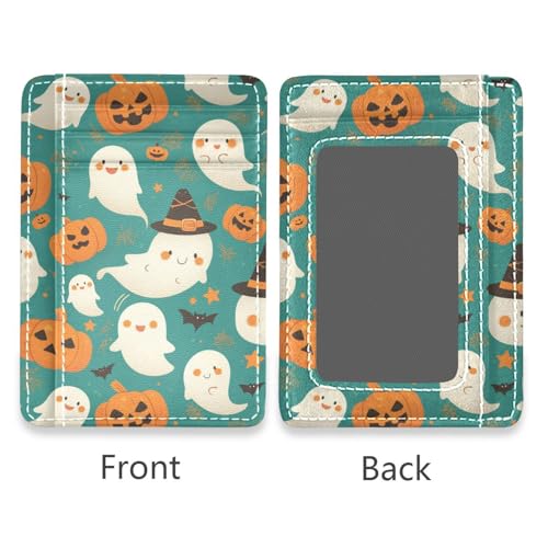 JUNZAN Slim Wallet Card Holders for Men Women Halloween Smiling Ghosts Minimalist Front Pocket Wallets Small Card Case RFID Blocking2