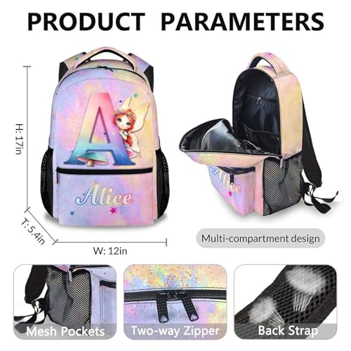 Personalized Backpack for Girls, Custom Initial Fairy Backpacks Set for Kids School, 17 Inch Durable Lightweight Monogram Bookbag for Kindergarten Preschool Primary4