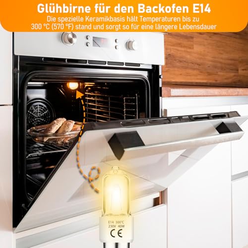 Jaenmsa Backofenlampe 40W 300 Grad E14& 2er-Pack Ofenlampe & Glühbirne Dimmbar 230V, bis 300°C Hitzebeständiges, 2700K Warmweiß für Neff Bosch Backofen Kühlschrank Mikrowelle Dunstabzugshaube