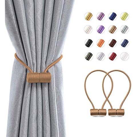 Pretty Jolly 2 Pack Magnetic Curtain Tiebacks 16 Inch Modern Handmade Weave Rope Curtain Holdbacks Convenient Decorative Curtain Drape Tie Backs for Home and Office Window Drapery (Light Coffee) Cover