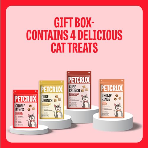 Image of Petcrux Cat Treats Gift Box for All Life Stages, Nutritious & Delicious, Chicken & Mutton Flavour, Rich in Protein, Perfect for Training, Rewards & Snacks, Human Grade Ingredients, Pack of 4,70gm Each