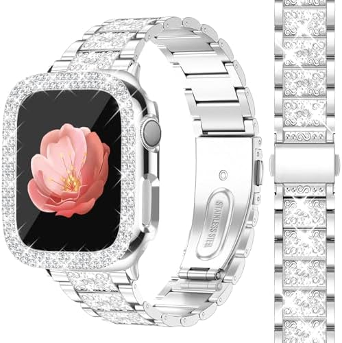 Bling Band with Bling Case for Women Compatible with Apple Watch 40mm Elegant Dressy Jewelry Replacement Metal Link Wristband Protector Cover for iWatch Series 9/8/7/6/5/4/3/2/1/SE Silver